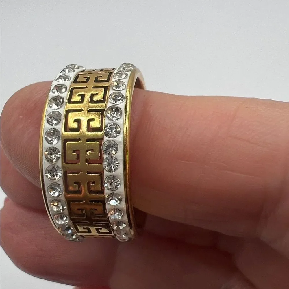 Gold-Tone Greek Key Crystal Band Ring - Size 10